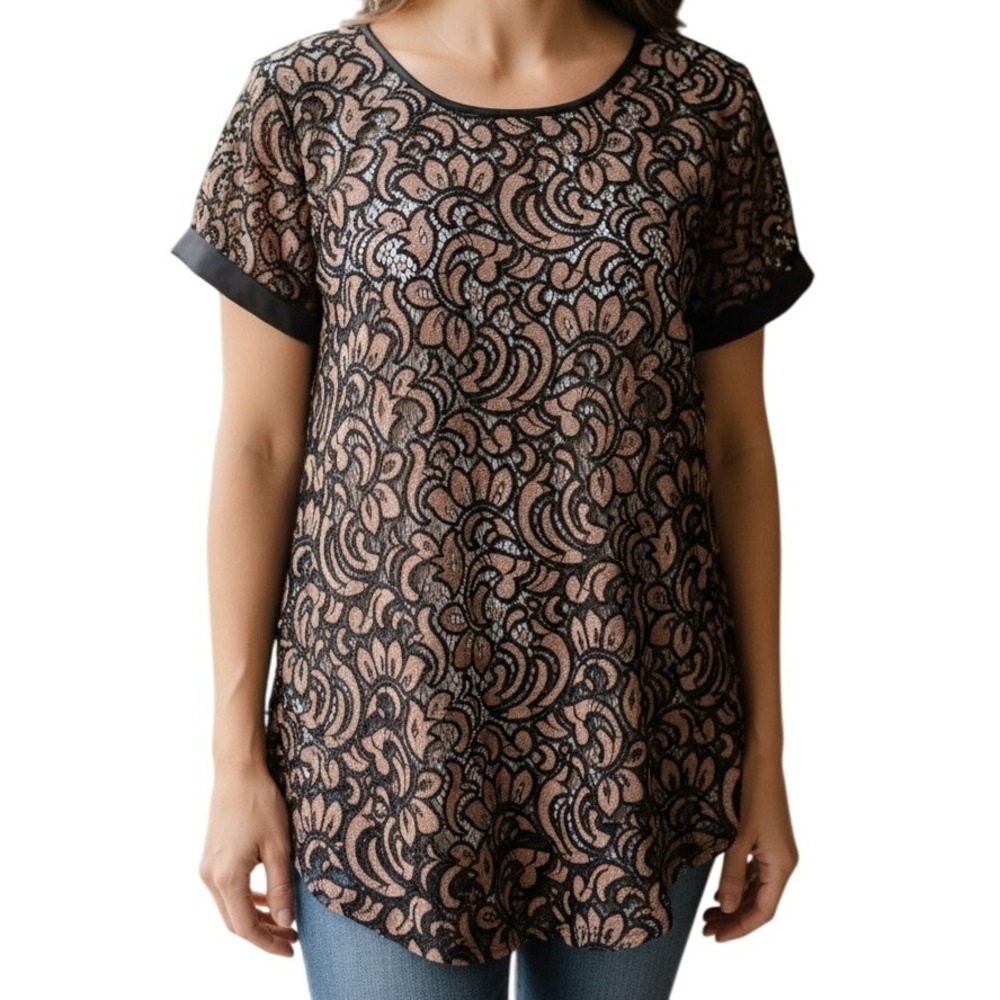 EXPRESS Burnt Sienna With Black Lace Cap Sleeve Top NWOT Size Small
